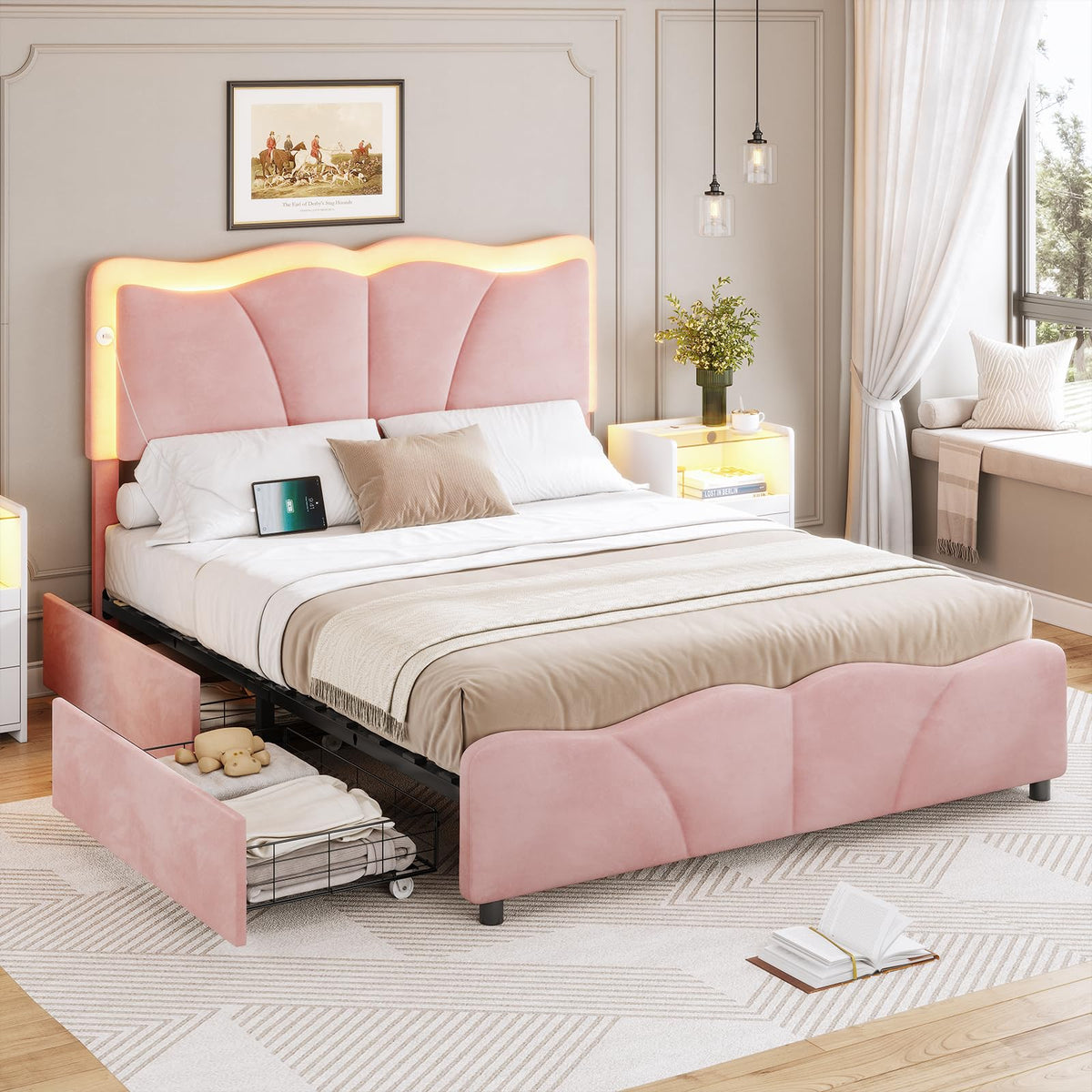 Pink Velvet Upholstered Platform Bed Frame with 4 Storage Drawers D5557