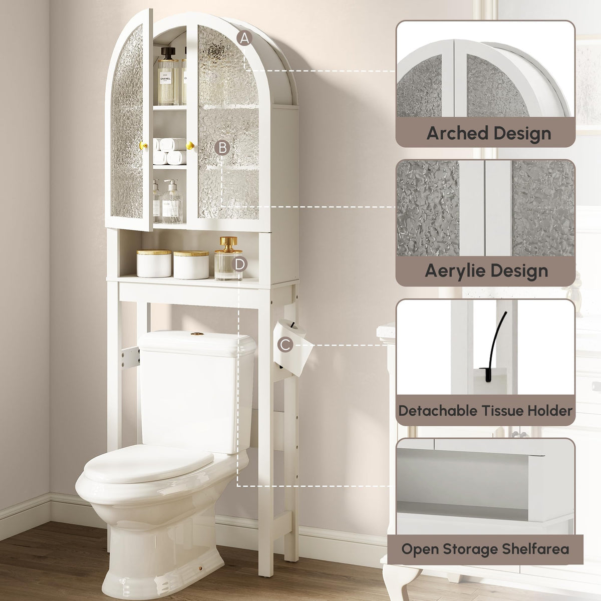 White Over The Toilet Storage Cabinet with Acrylic Doors and Adjustable Shelf I1180
