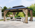 12x14FT Hardtop Gazebo with Double Roof, Privacy Curtain & Netting N9110