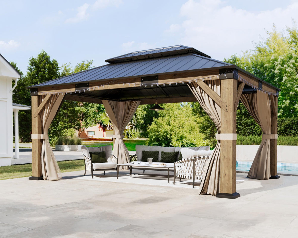 12x14FT Hardtop Gazebo with Double Roof, Privacy Curtain & Netting N9110