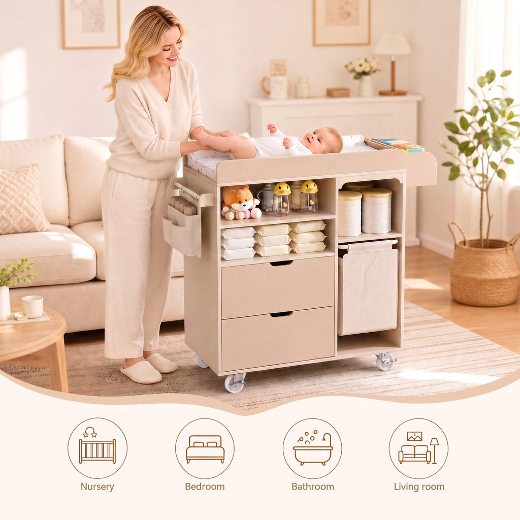 Beige Baby Changing Table Dresser with Drawers W270