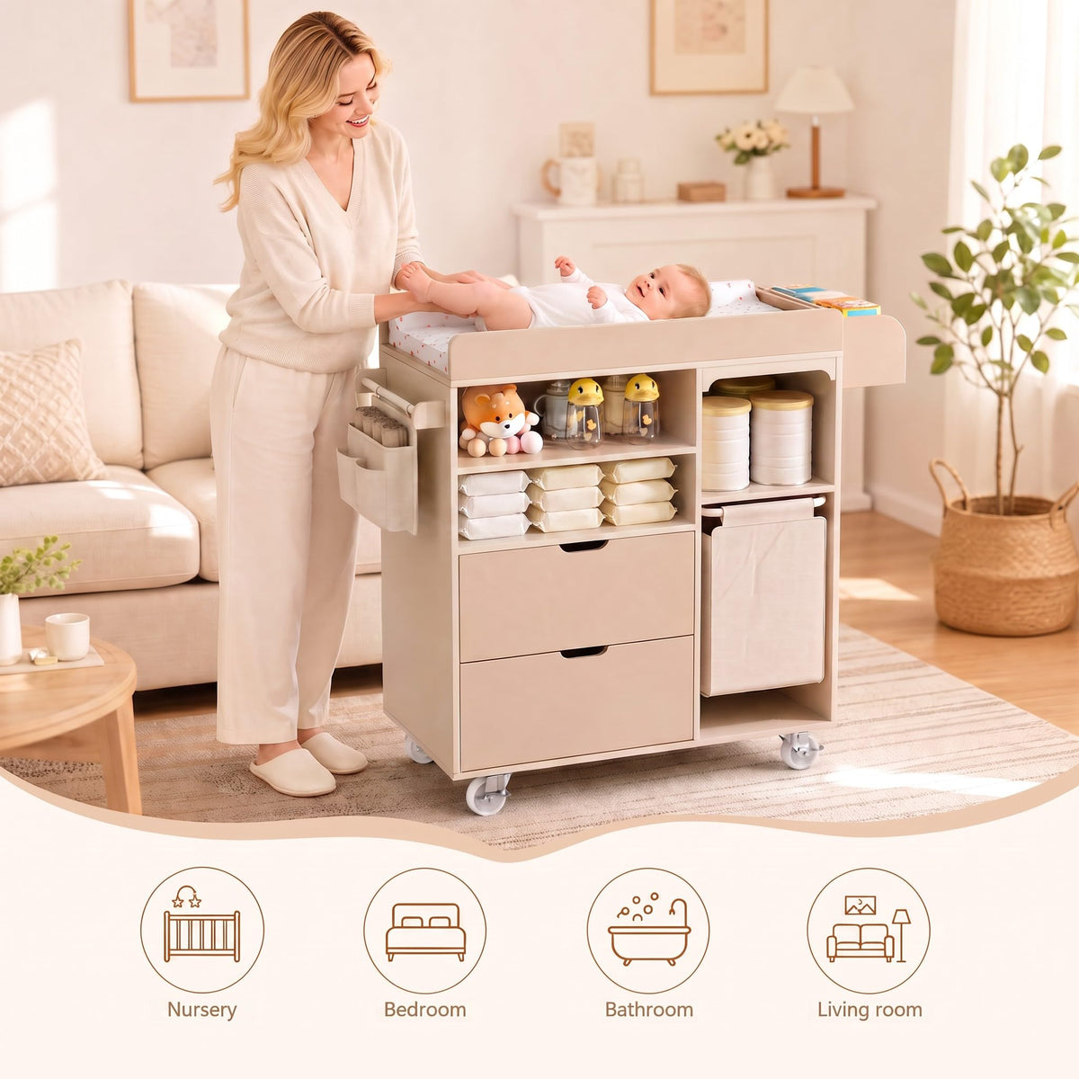 Beige Baby Changing Table Dresser with Drawers W270