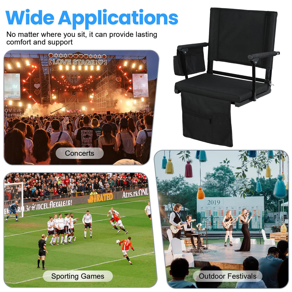 2 Pcs Black Folding Stadium Seats with Back Support and Cup Holder P86205