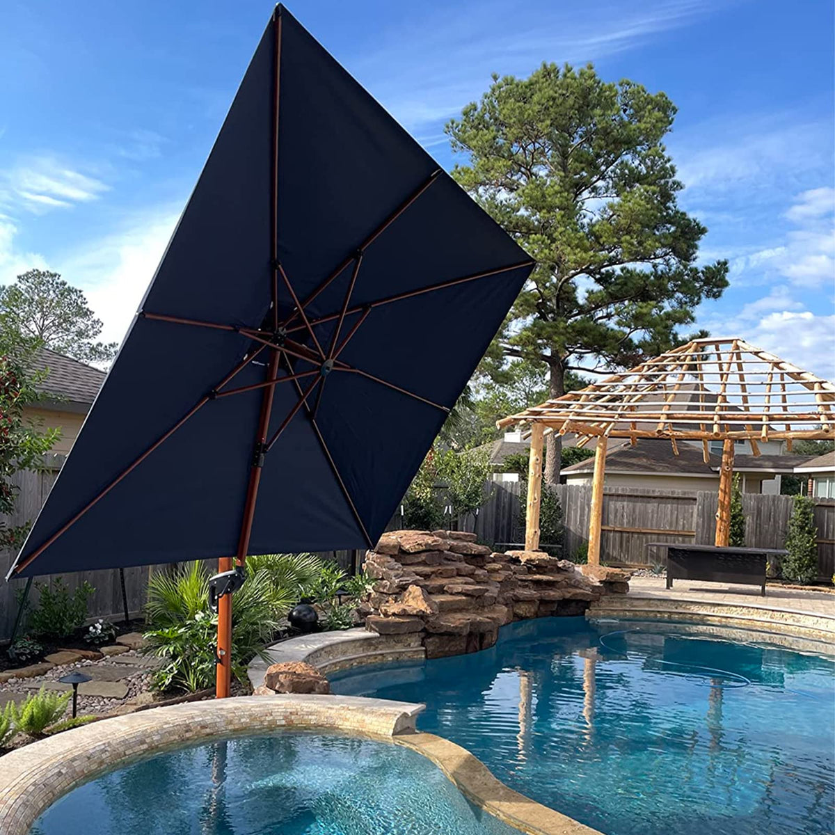 10ft Double Top Wood-Grain Finish Navy Blue Patio Umbrella G73140