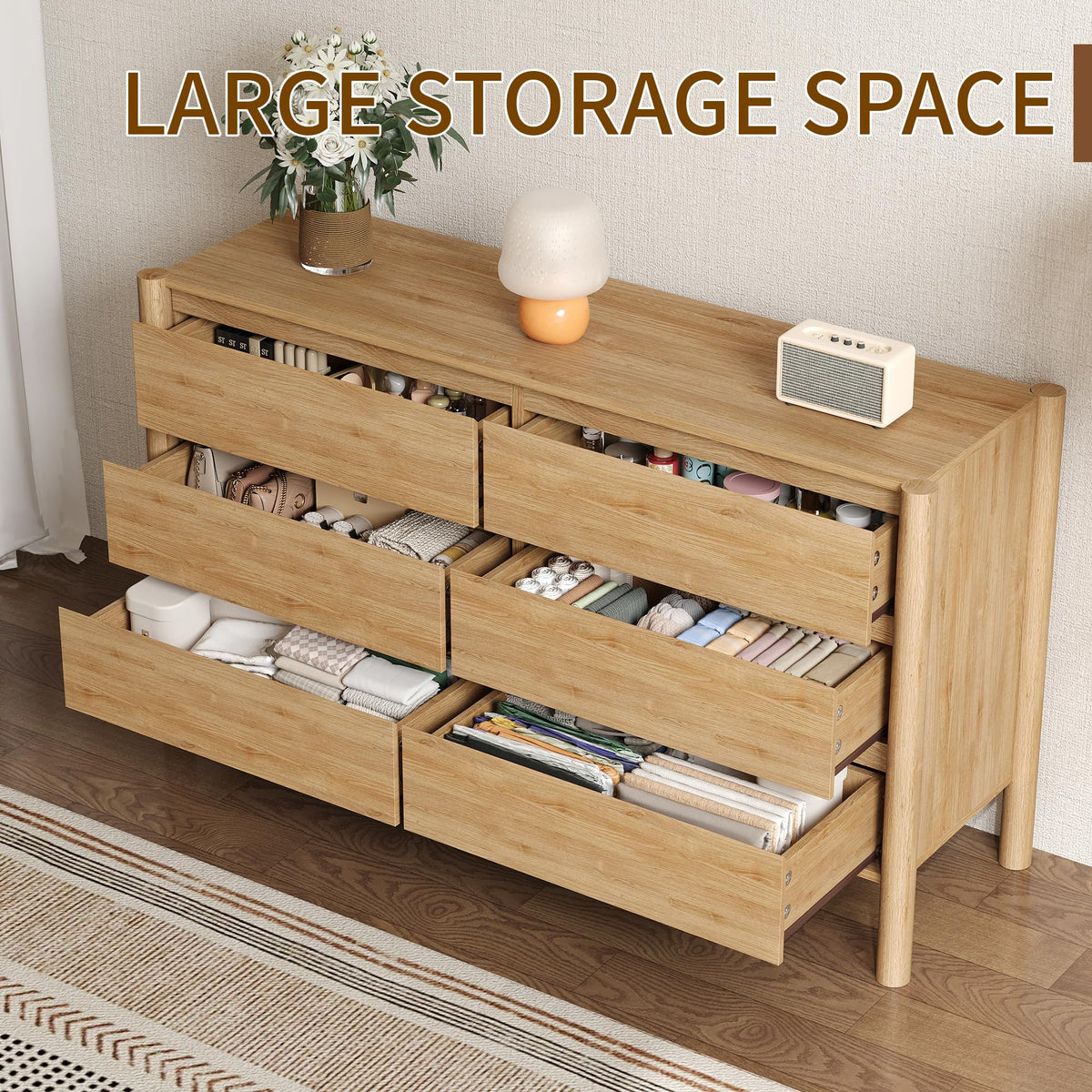 Oak 6 Drawer Dresser with Solid Wood Legs K633