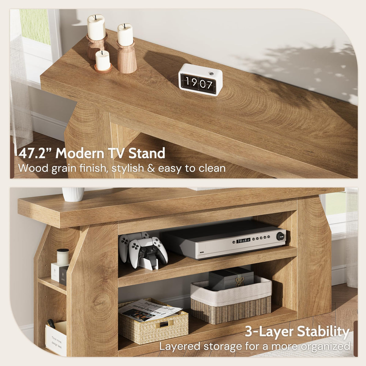 Oak 3-Tier Wood TV Stand for 55 Inch TV H383241
