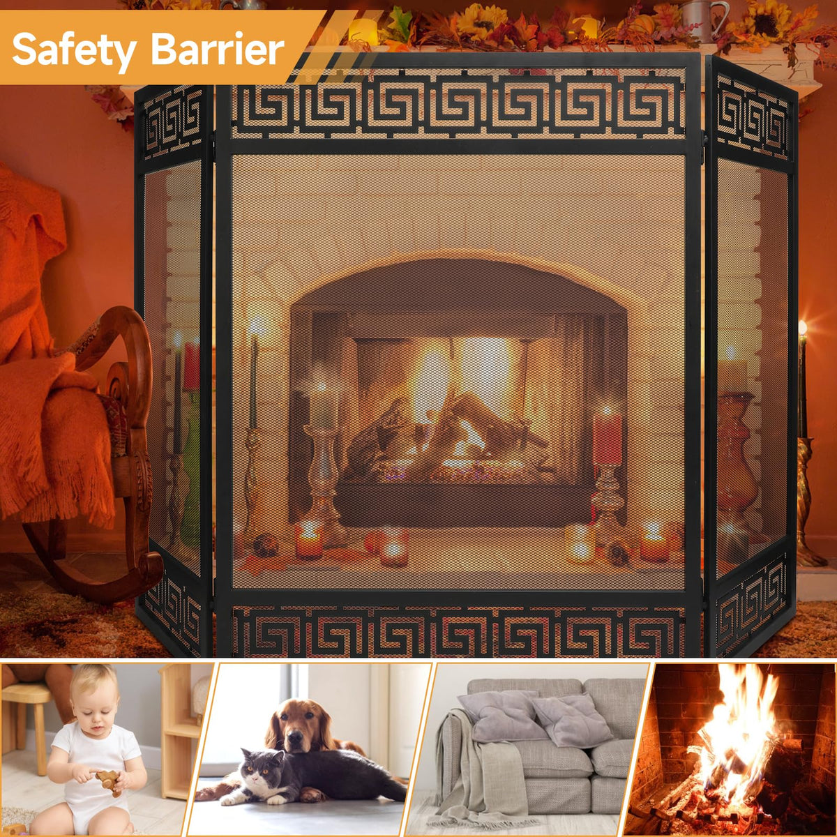 50"x32" 3 Panel Steel Fireplace Screen B533
